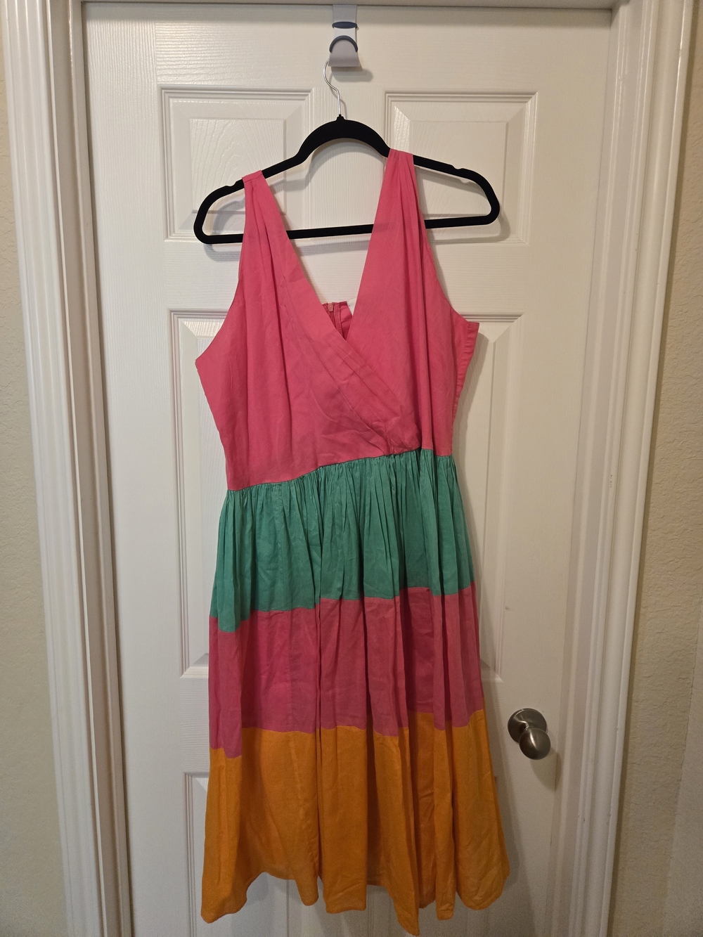 Sleeveless Pink Colorblock Midi Dress with Green and Yellow Panels